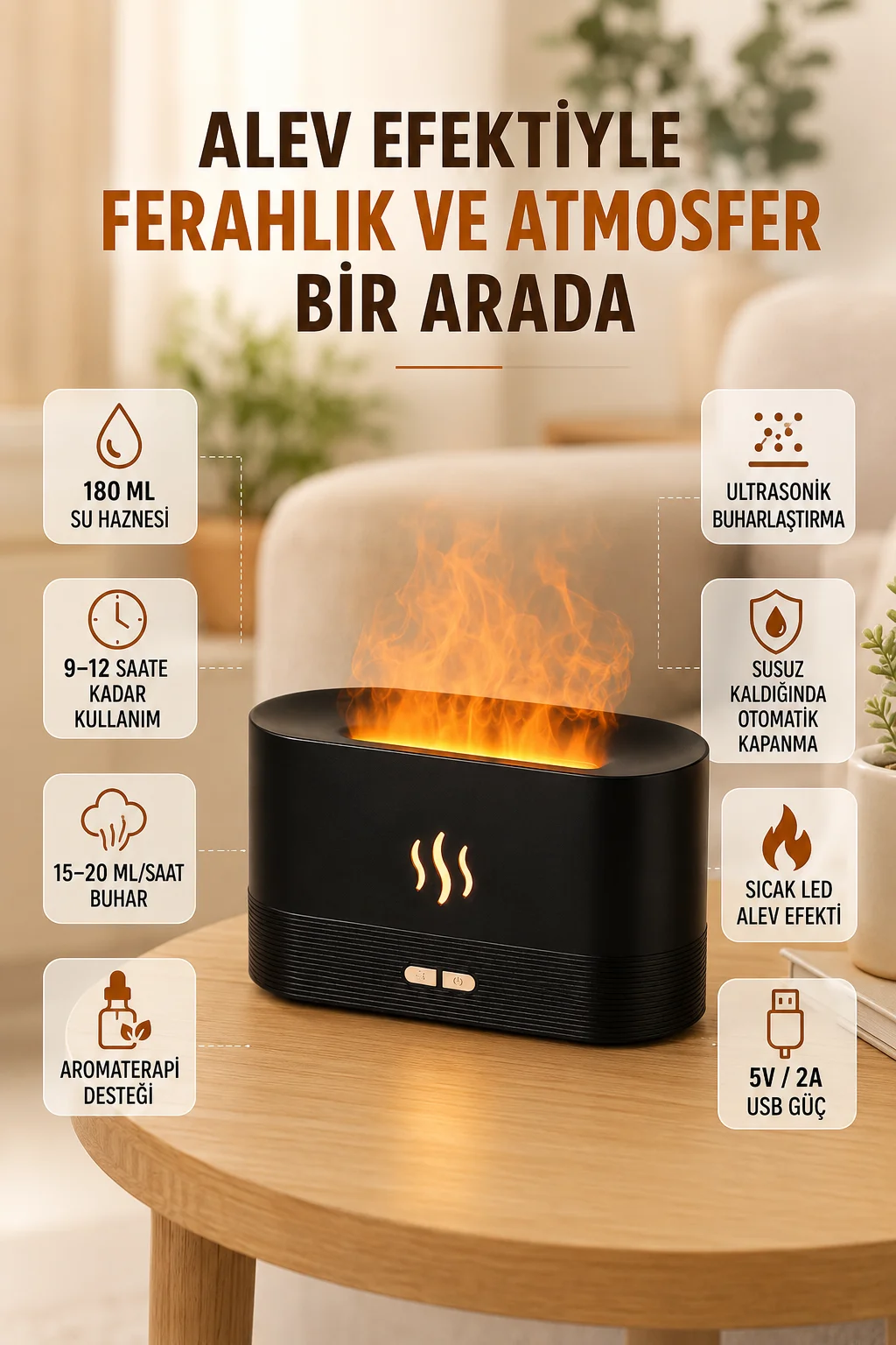 Ultrasonik Aromaterapi Difüzörü 180 ML Hazneli Dekoratif Alev Efektli Nemlendirici