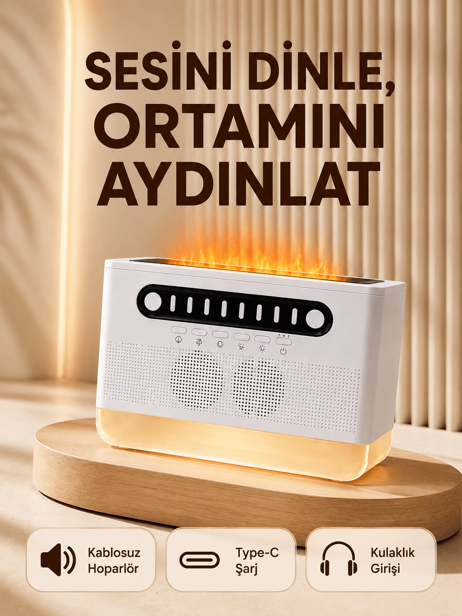 8 Çeşit Beyaz Gürültülü Kablosuz Hoparlör ve Renkli Alev Efektli Gece Lambası