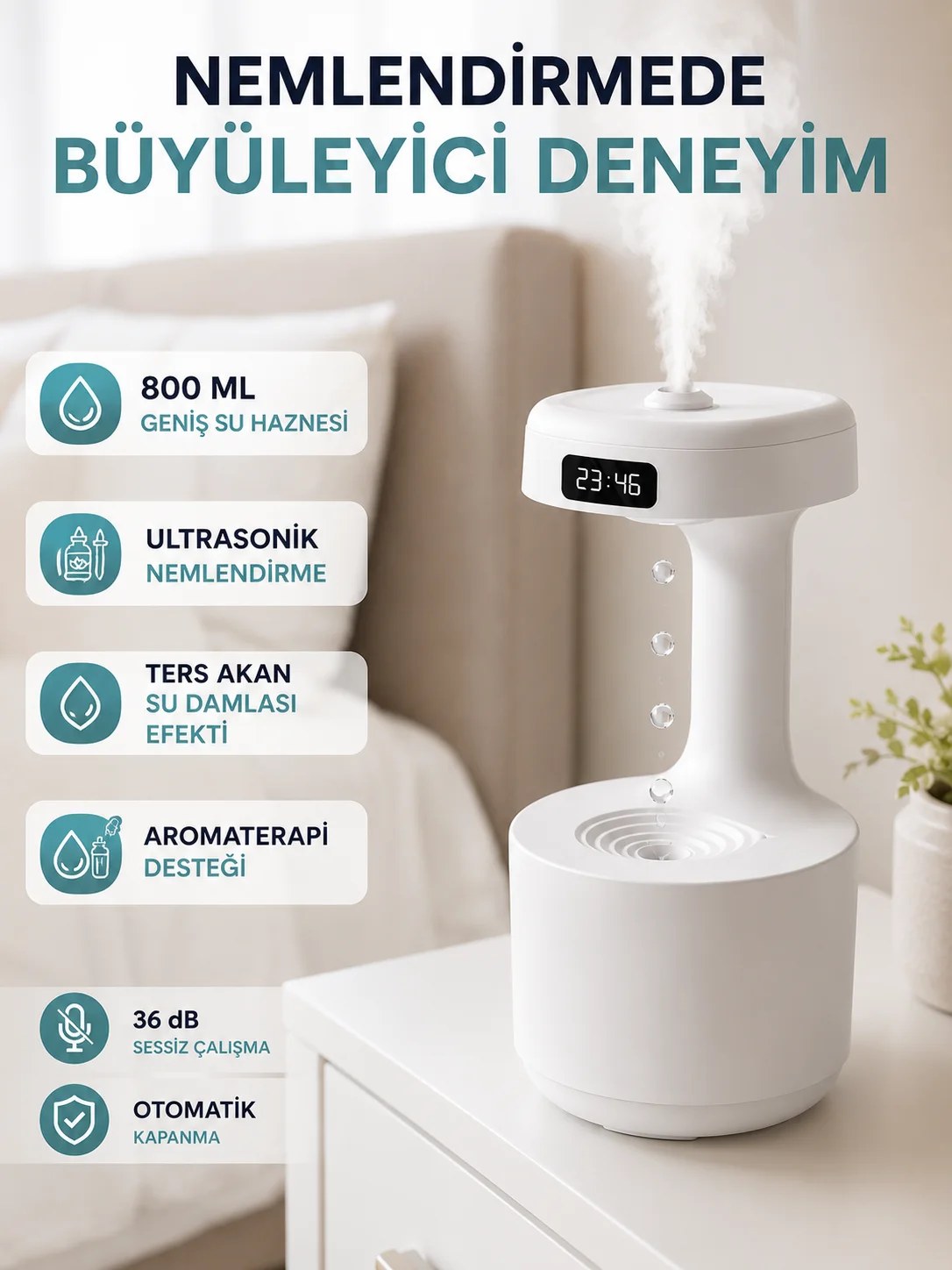 Yağmur Damlası Hava Nemlendirici Ultrasonik Buhar Makinesi 800 ml Aroma Difüzör