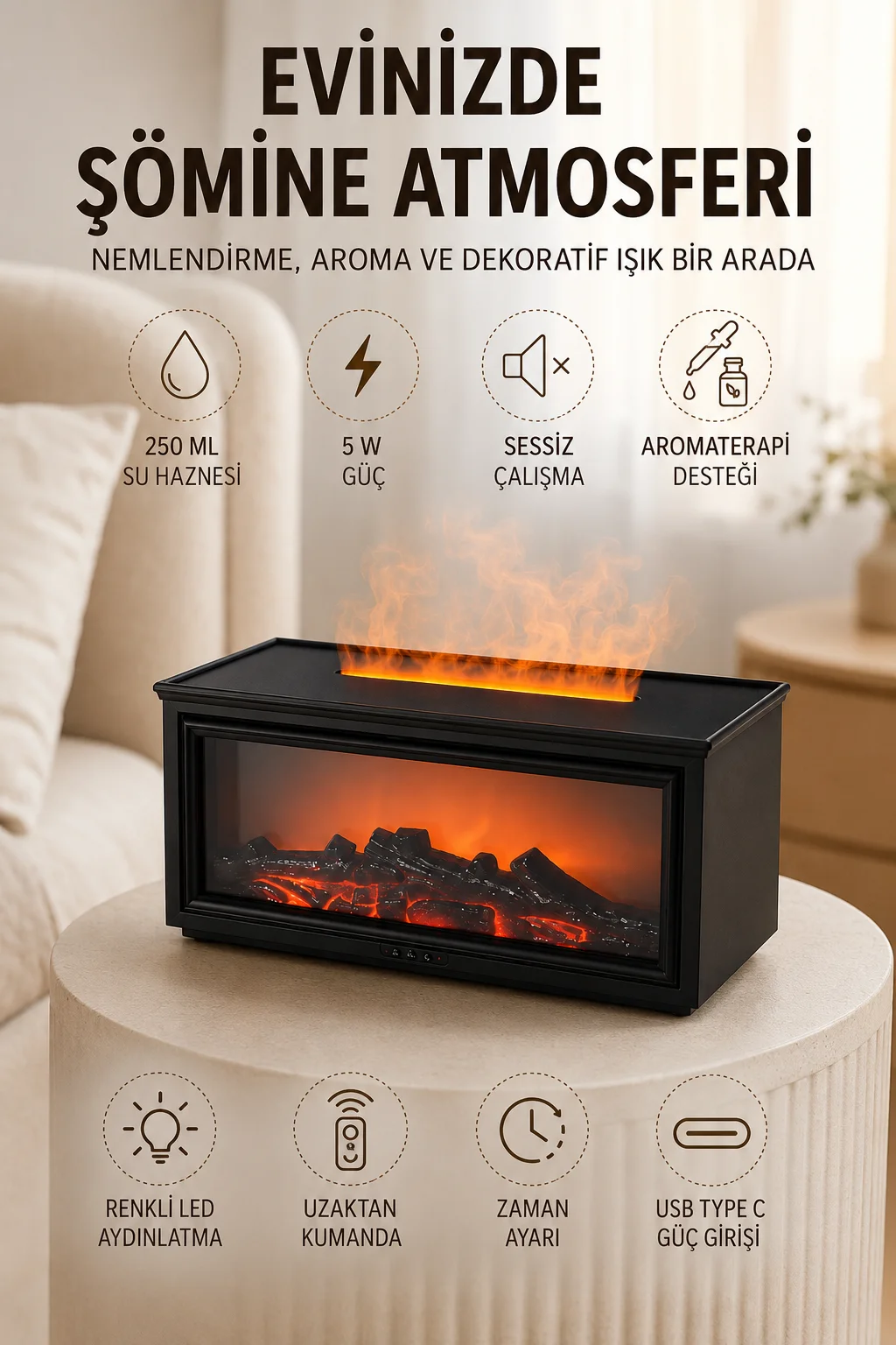 Şömine Görünümlü Hava Nemlendirici Renkli LED Işıklı Aroma Difüzörü