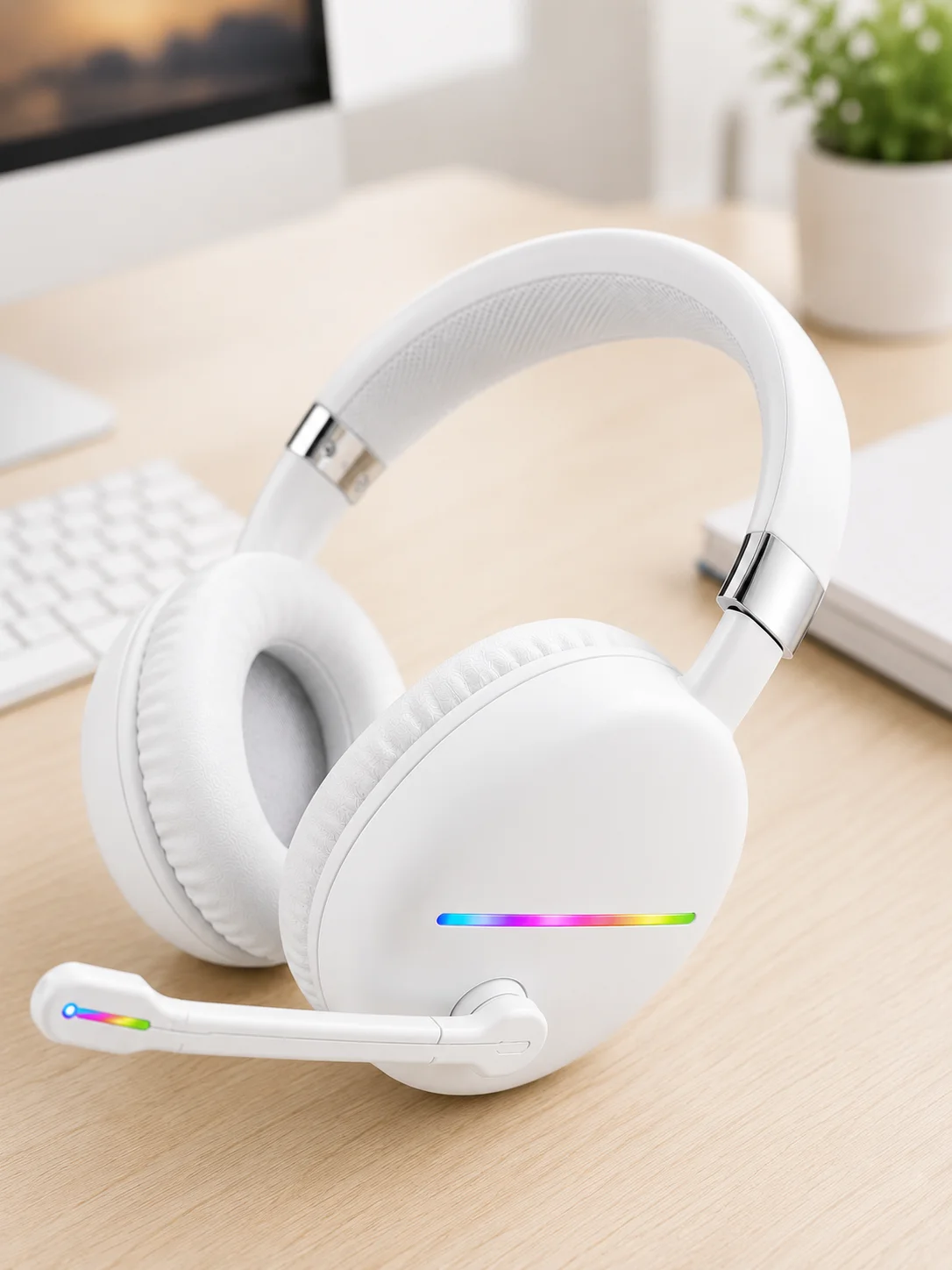 Kablosuz Bluetooth Mikrofonlu Beyaz Kulaklık  RGB Işıklı