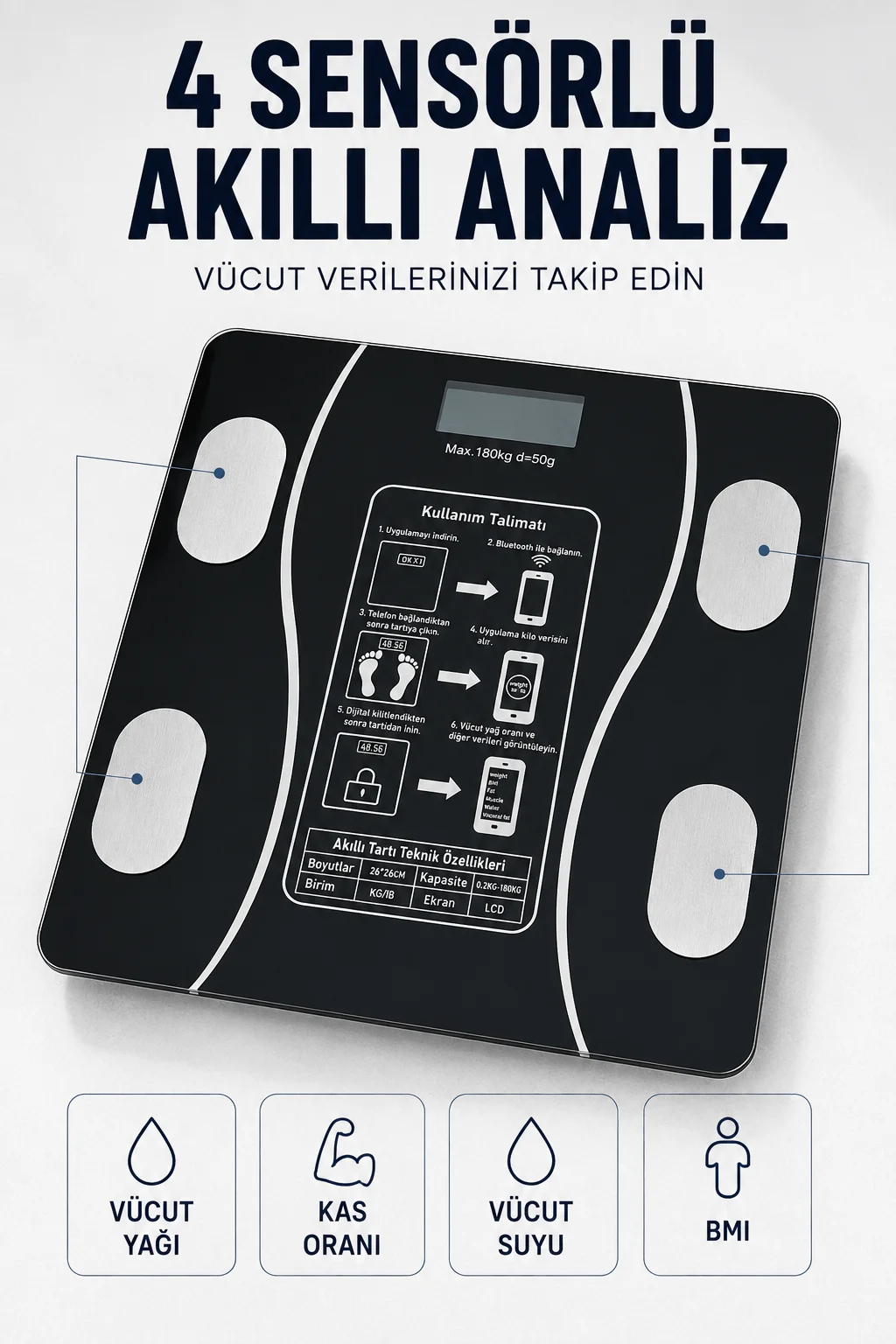 Bluetooth Akıllı Tartı 180 Kg Kapasiteli Vücut Yağ Kas Su BMI Analizli Cam Baskül