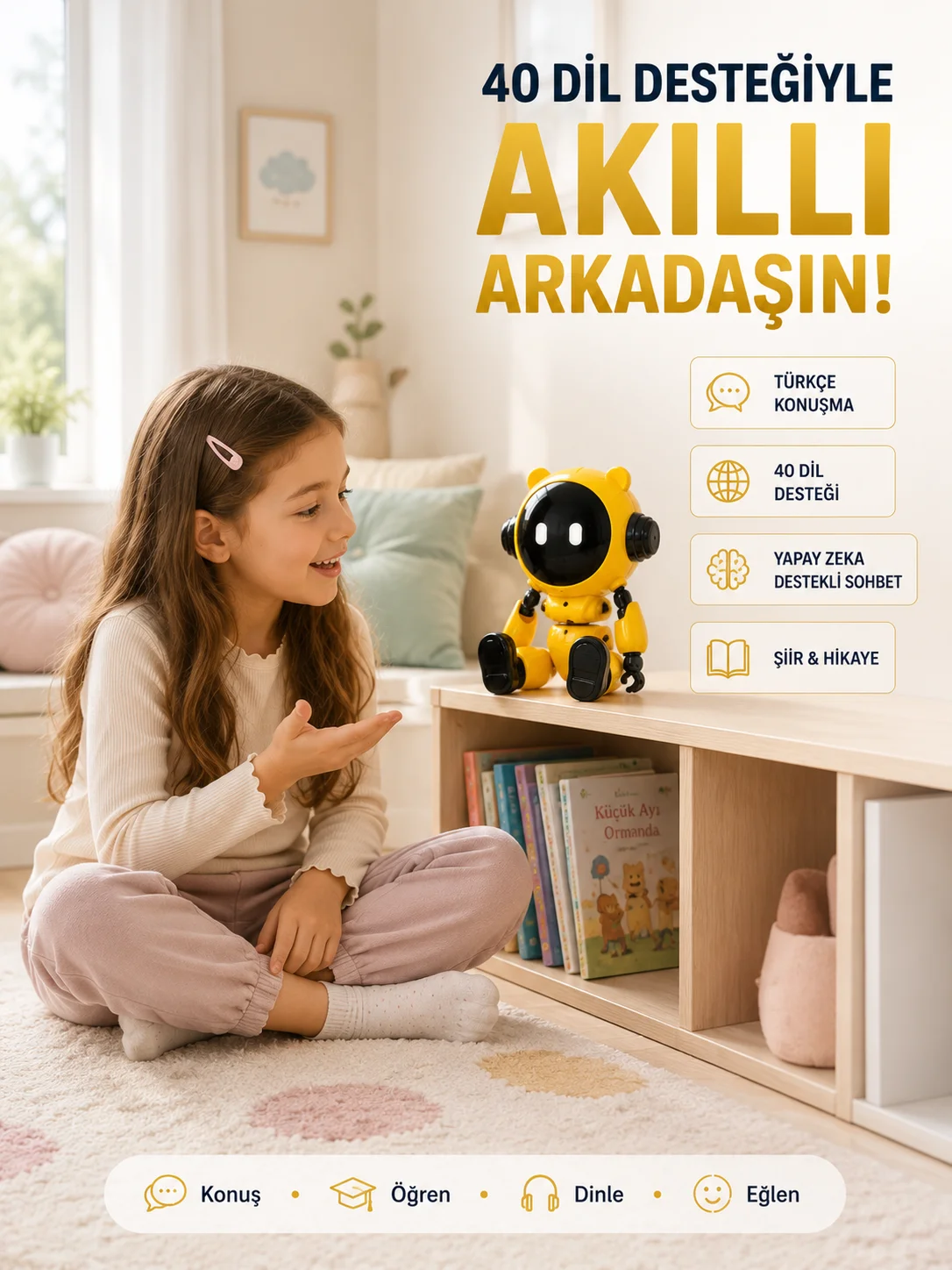 Yapay Zeka Çocuk Robotu Türkçe İngilizce Matematik Fen Ders Desteği Hikaye ve Şiir Özellikli