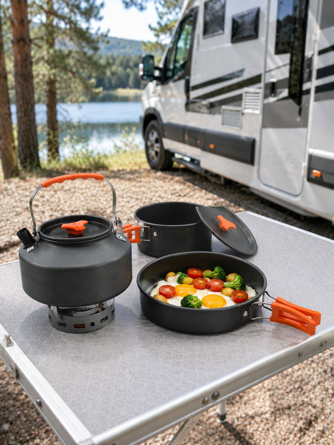 Kompakt Kamp Yemek Seti Alüminyum Tencere Tava Çaydanlık Taşıma Fileli Outdoor Set