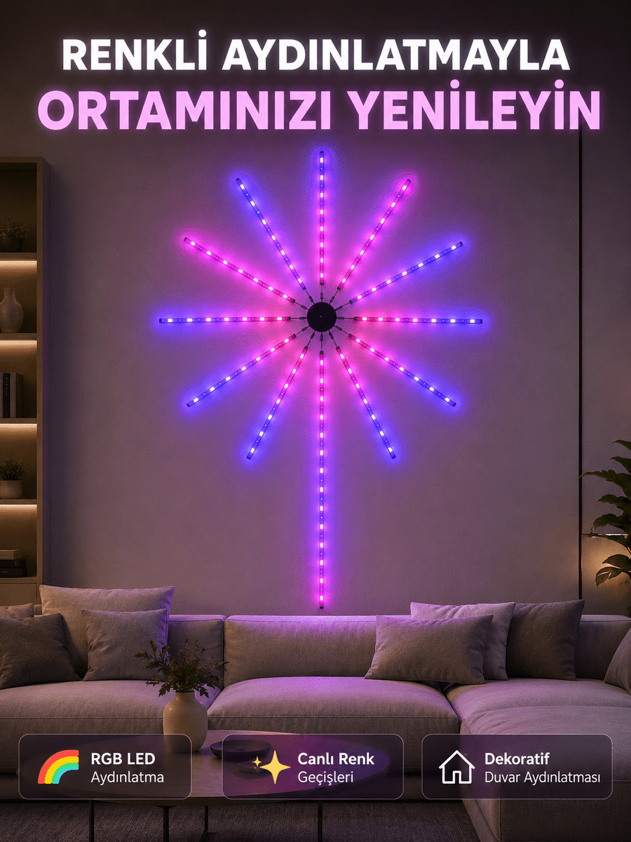 RGB Fireworks LED Dekoratif Duvar Lambası İç Mekân Telefon Kontrollü Ortam Aydınlatması