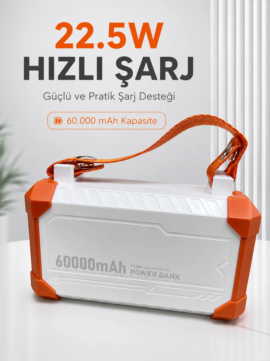 22.5W Hızlı Şarj Destekli 60000 mAh Powerbank 4 Dahili Kablolu Çoklu USB Type-C Çıkışlı Güç Bankası