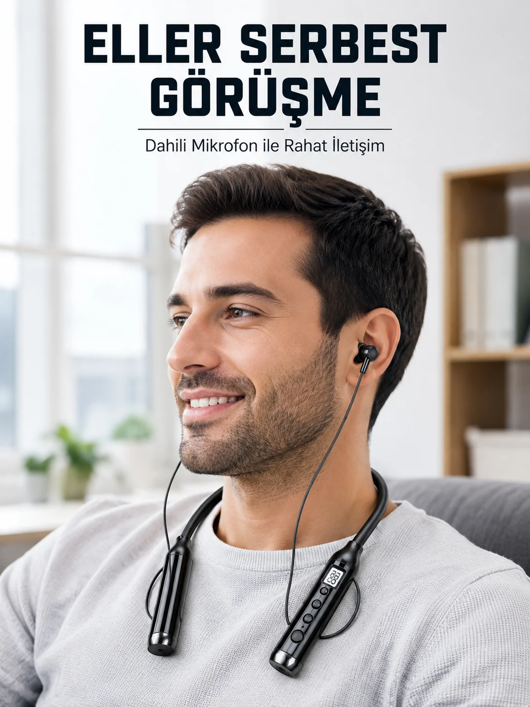 600 Saat Kullanım Süreli Boyun Tipi Bluetooth Kulaklık Mikrofonlu Dijital Göstergeli Kablosuz Kulak İçi Kulaklık