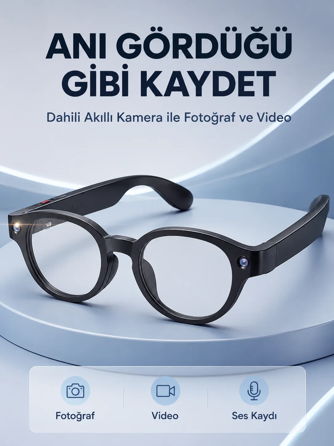 Siyah Bluetooth Akıllı Gözlük Dahili Kameralı Fotoğraf Video Kayıt AI Çeviri Dokunmatik Kontrol Özellikli