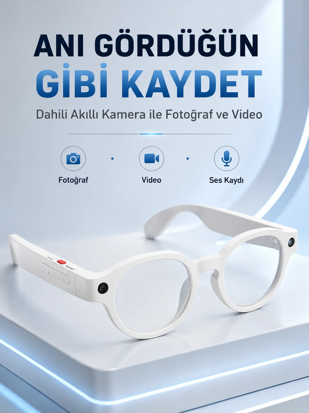 Beyaz Bluetooth Akıllı Gözlük Dahili Kameralı Fotoğraf Video Kayıt Yapay Zeka Çeviri Dokunmatik Kontrol Özellikli