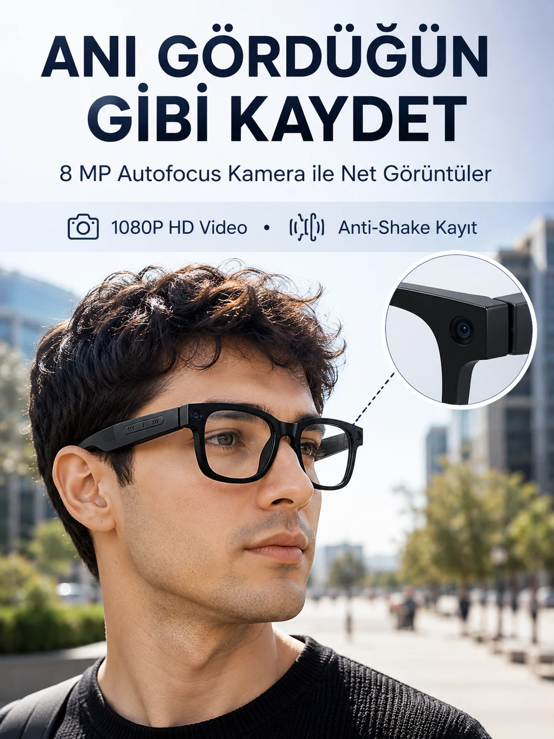 3 Lensli Akıllı Kamera Gözlüğü AI Görüntü Tanıma Çoklu Dil Çeviri 32 GB Hafıza WiFi ve Hızlı Şarj Özellikli