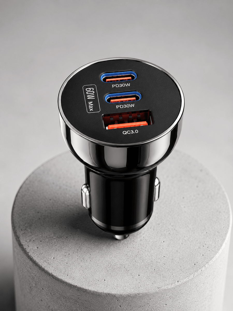 60W Araç İçi Hızlı Şarj Adaptörü Çift USB-C PD ve USB-A QC3.0