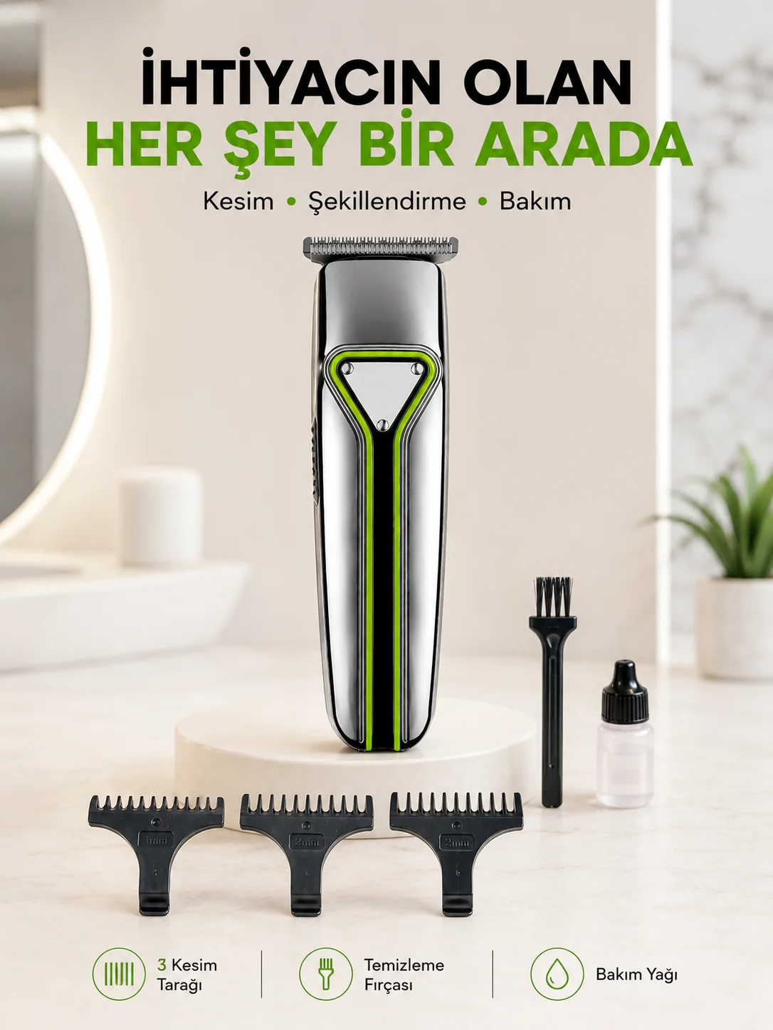 Profesyonel Saç Sakal Tıraş Makinesi T Bıçaklı Şarjlı Kablosuz 3 Taraklı Erkek Bakım Seti