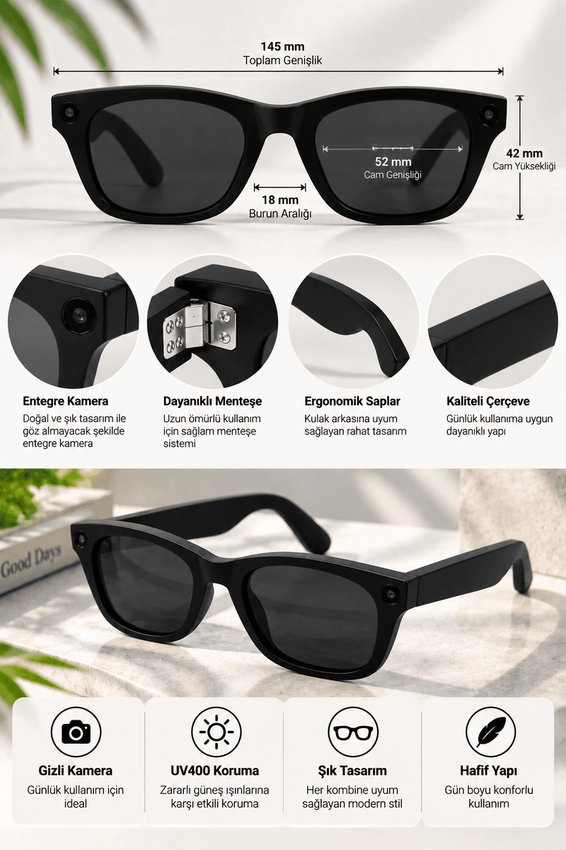 Kameralı Akıllı Gözlük Smart Glasses Güneş Gözlüğü Modern Siyah