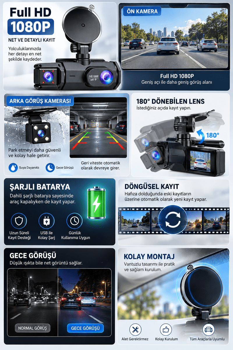 Ön Arka Kayıt 1080P Full HD 180° Geniş Açı Şarjlı Kullanım