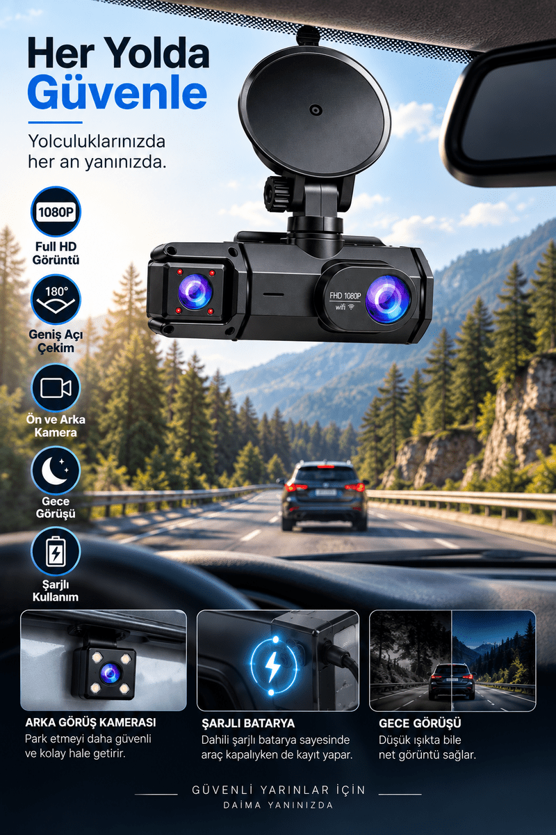 Ön Arka Kayıt 1080P Full HD 180° Geniş Açı Şarjlı Kullanım