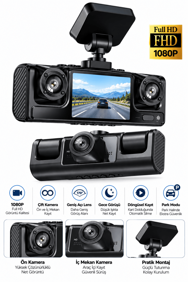 Çift Kameralı 1080P Full HD Araç Kayıt Kamerası