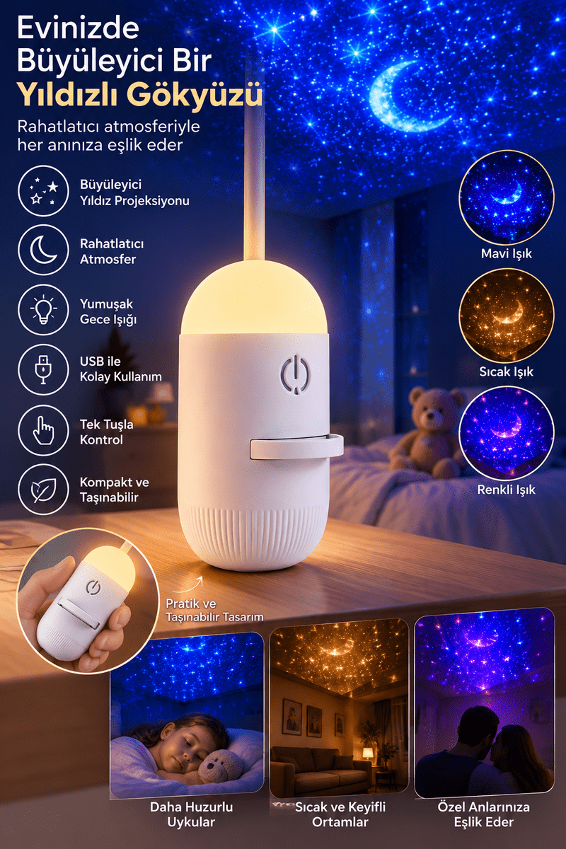 Romantik Atmosfer İçin Ay Yıldız Projeksiyonlu Gece Lambası