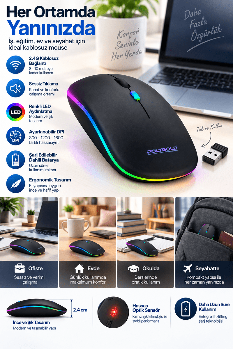 Sessiz Tıklama 800 1200 1600 DPI Ayarlanabilir Mouse