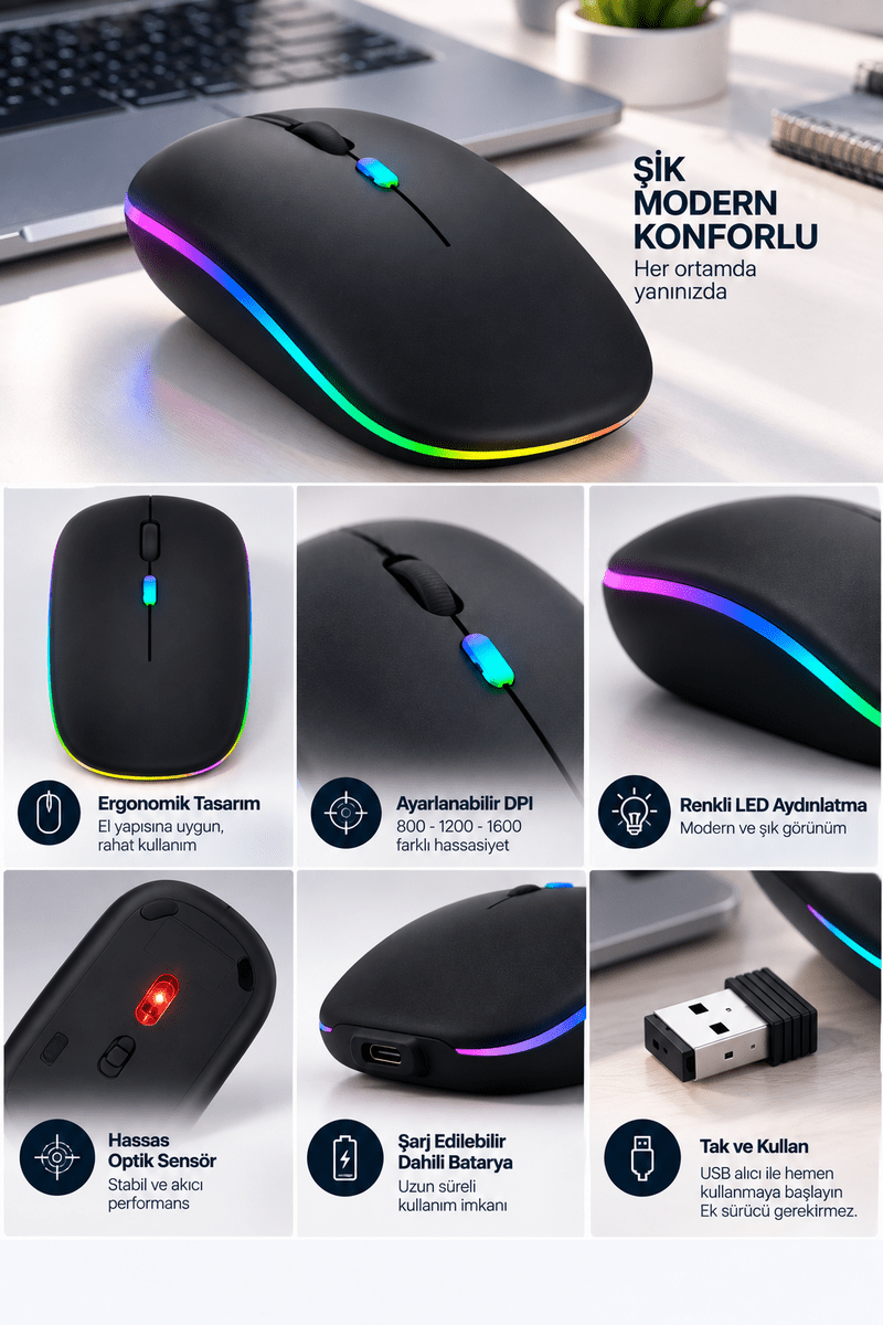 8 10 Metre Menzilli Şarj Edilebilir Kablosuz Mouse