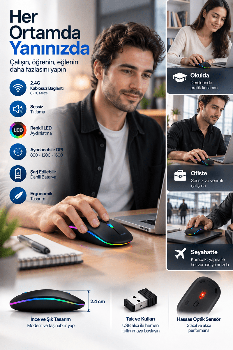 Ofis Ev Okul Kullanımına Uygun Şarjlı Kablosuz Mouse