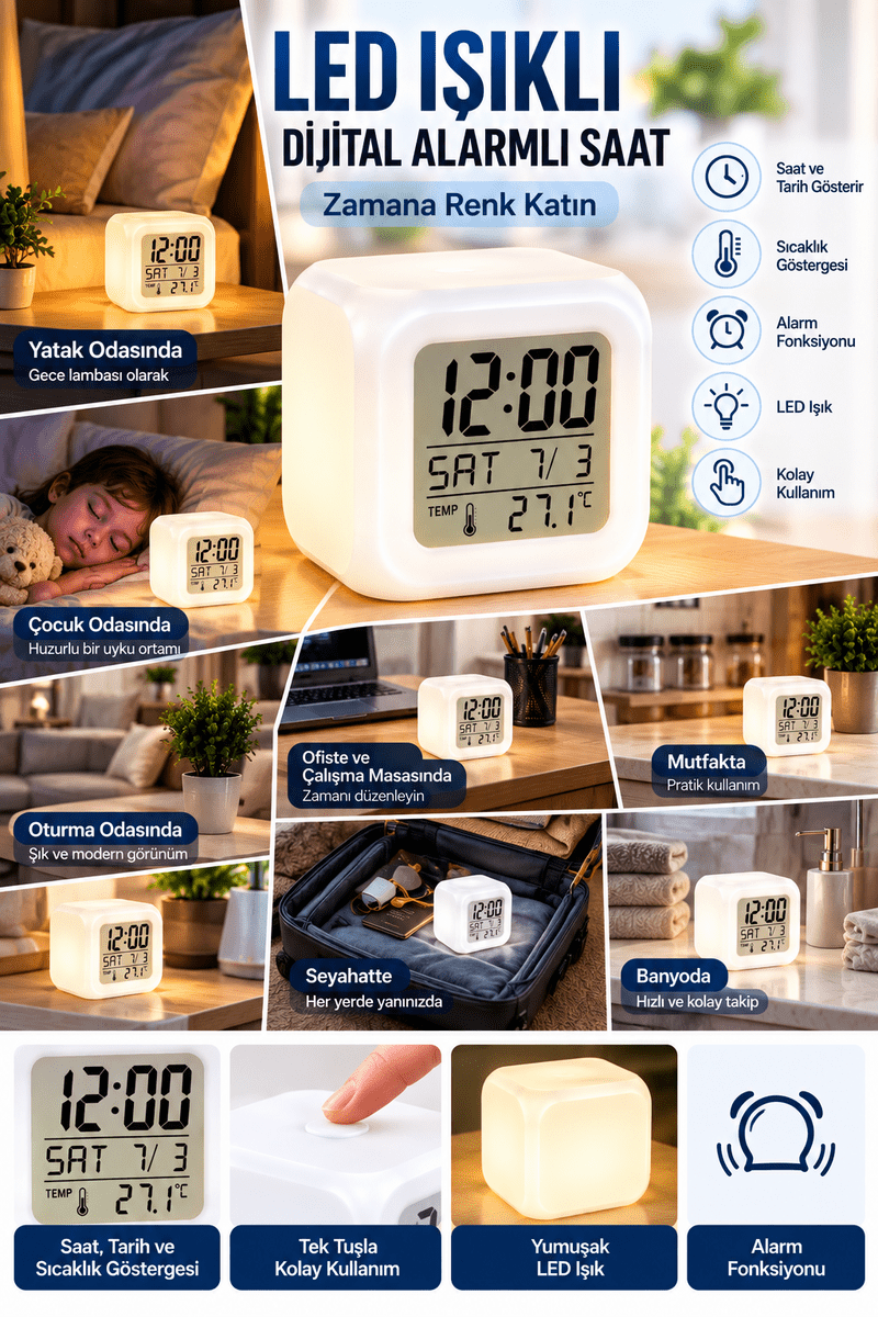Dekoratif Küp Saat LED Işıklı Dijital Saat Alarm ve Sıcaklık Özellikli