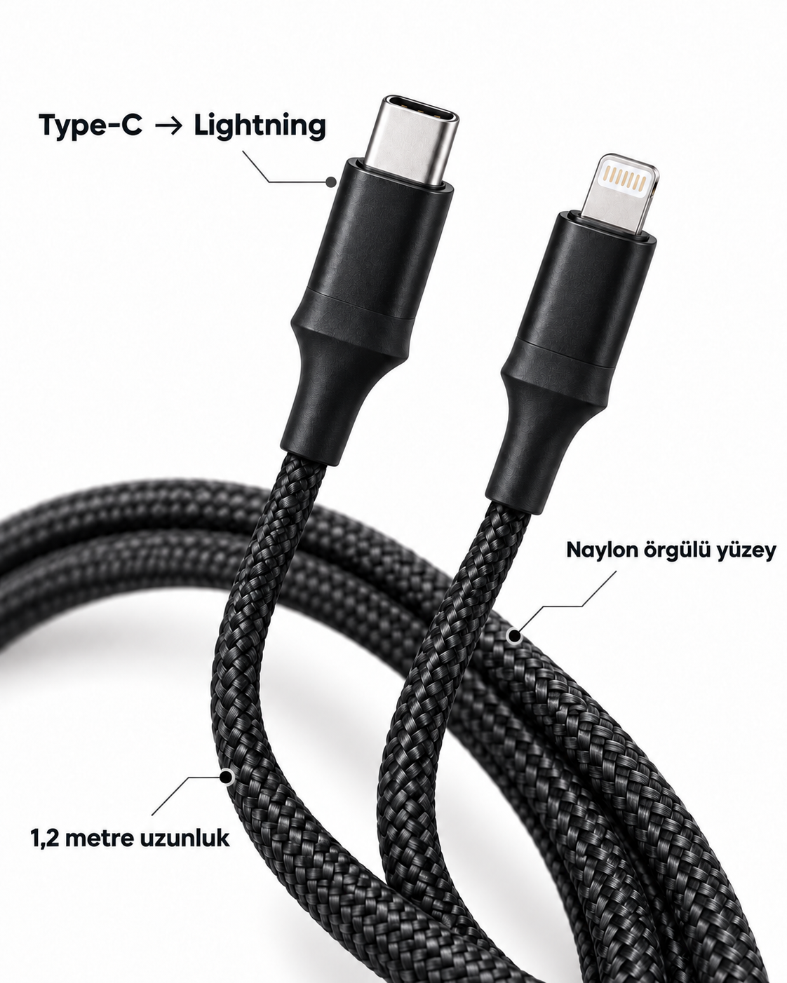 30W PD Hızlı Şarj Kablosu Type C Lightning LED Göstergeli
