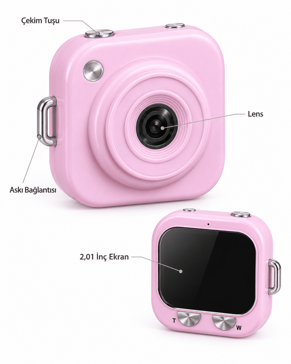 1. Cep Boy Pembe Dijital Fotoğraf Makinesi 2,01 İnç Ekran ve Type C Şarj