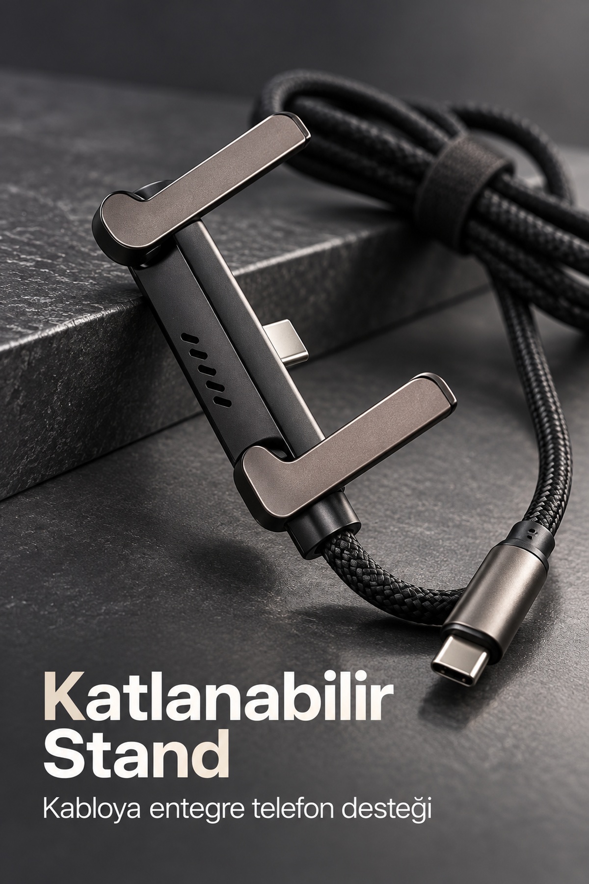 Örgü Şarj Kablosu Entegre Katlanabilir Telefon Destekli