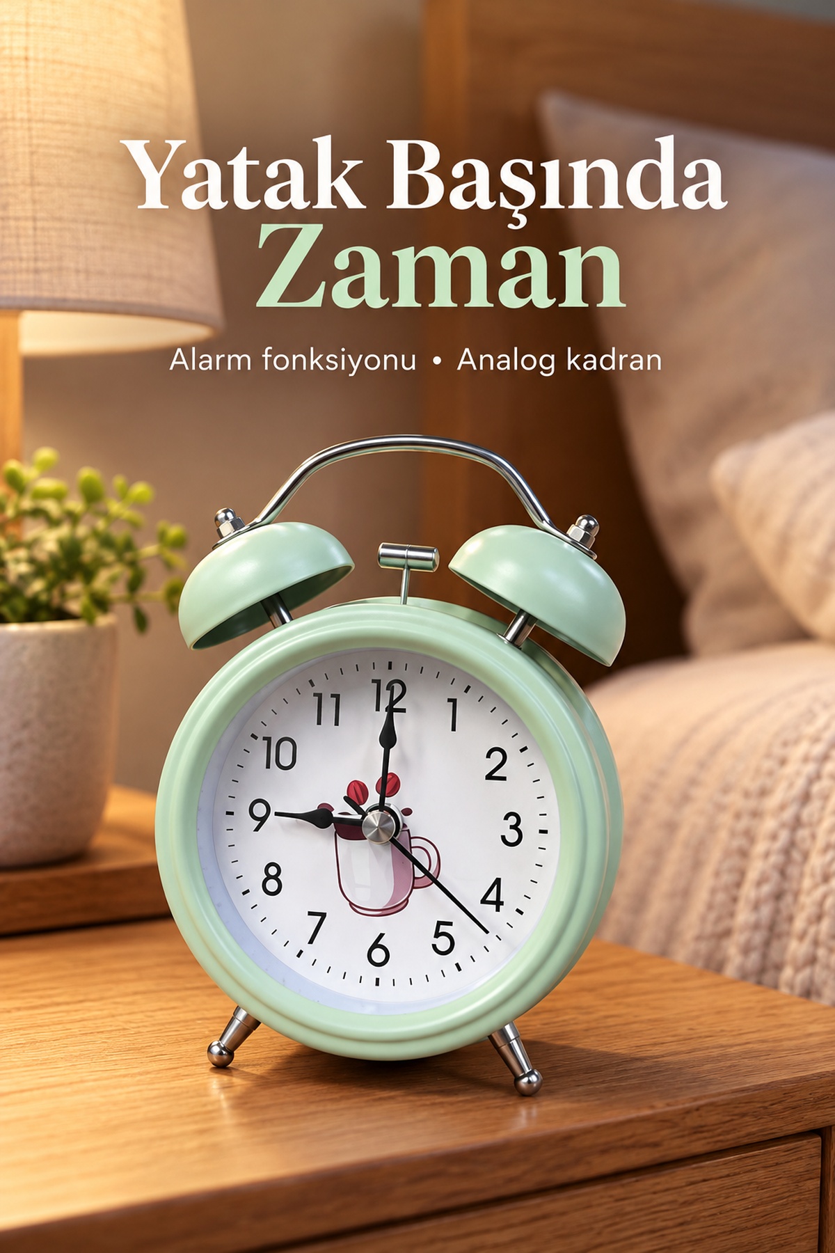 Desenli Kadranlı Analog Masa Saati Alarm Özellikli