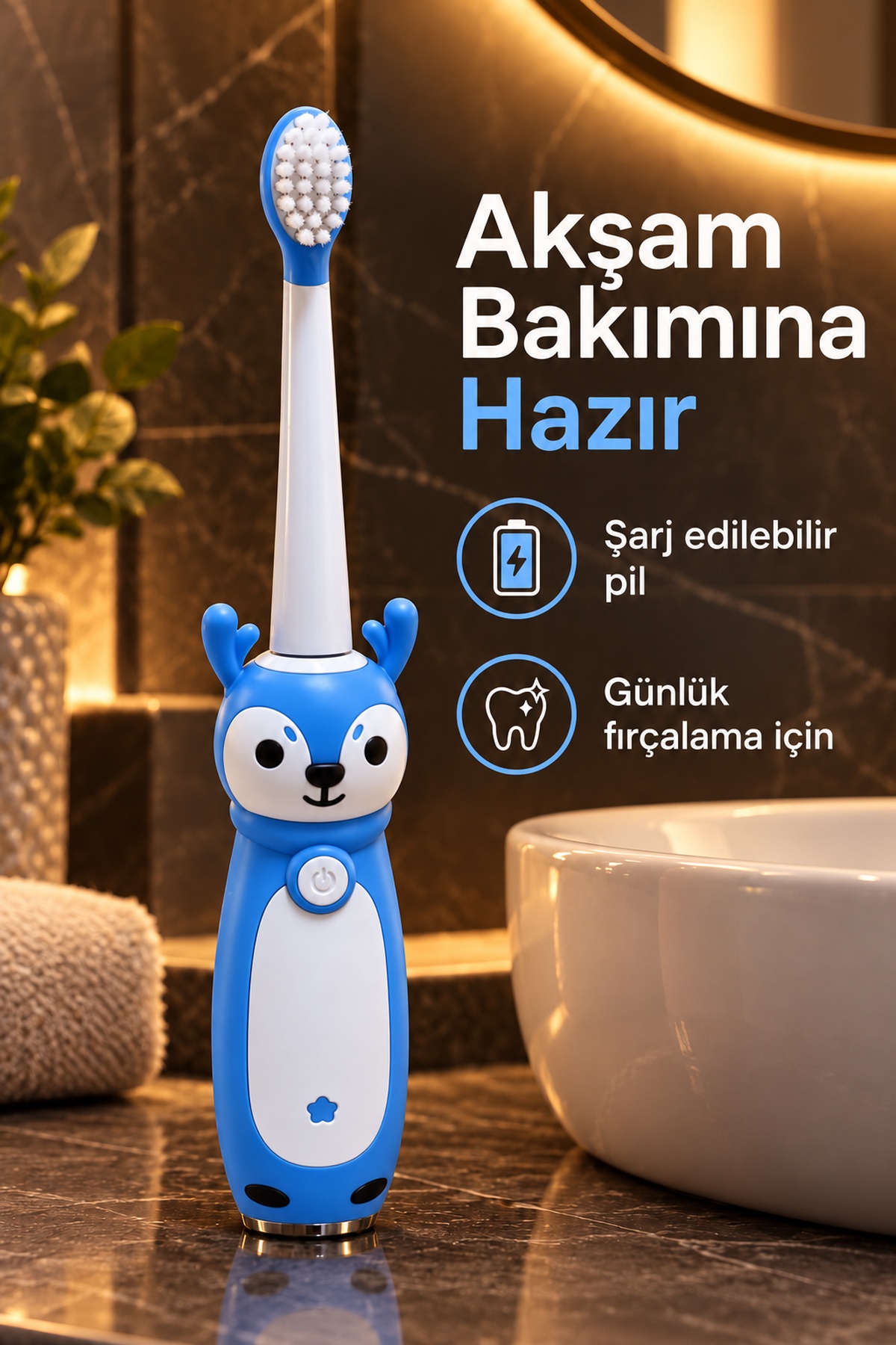 Şarjlı Çocuk Diş Fırçası Mavi Değiştirilebilir Başlıklı