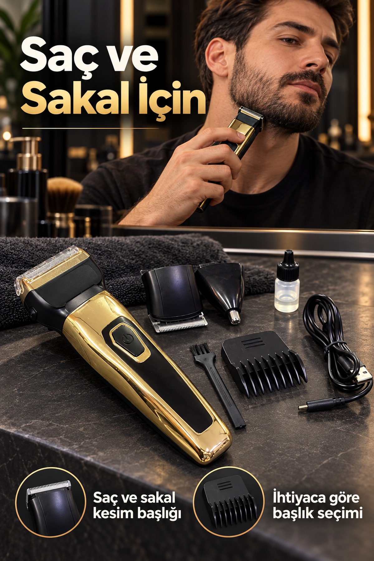 Saç Sakal Tıraş Makinesi Üç Değiştirilebilir Başlıklı