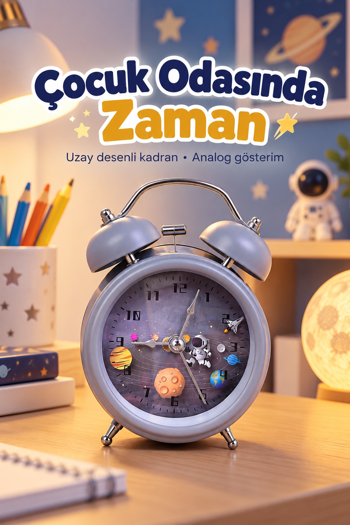 Dekoratif Alarmlı Masa Saati Desenli Analog Kadran