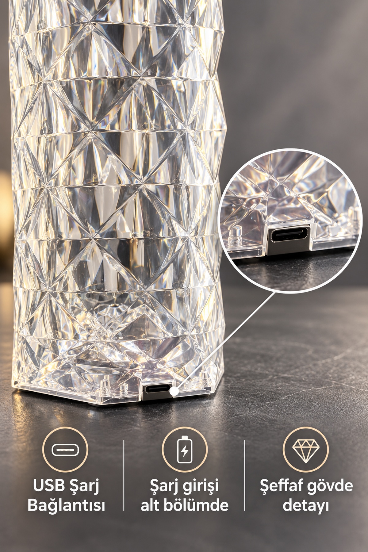 Komodin Lambası USB Şarjlı Dokunmatik Parlaklık Ayarlı
