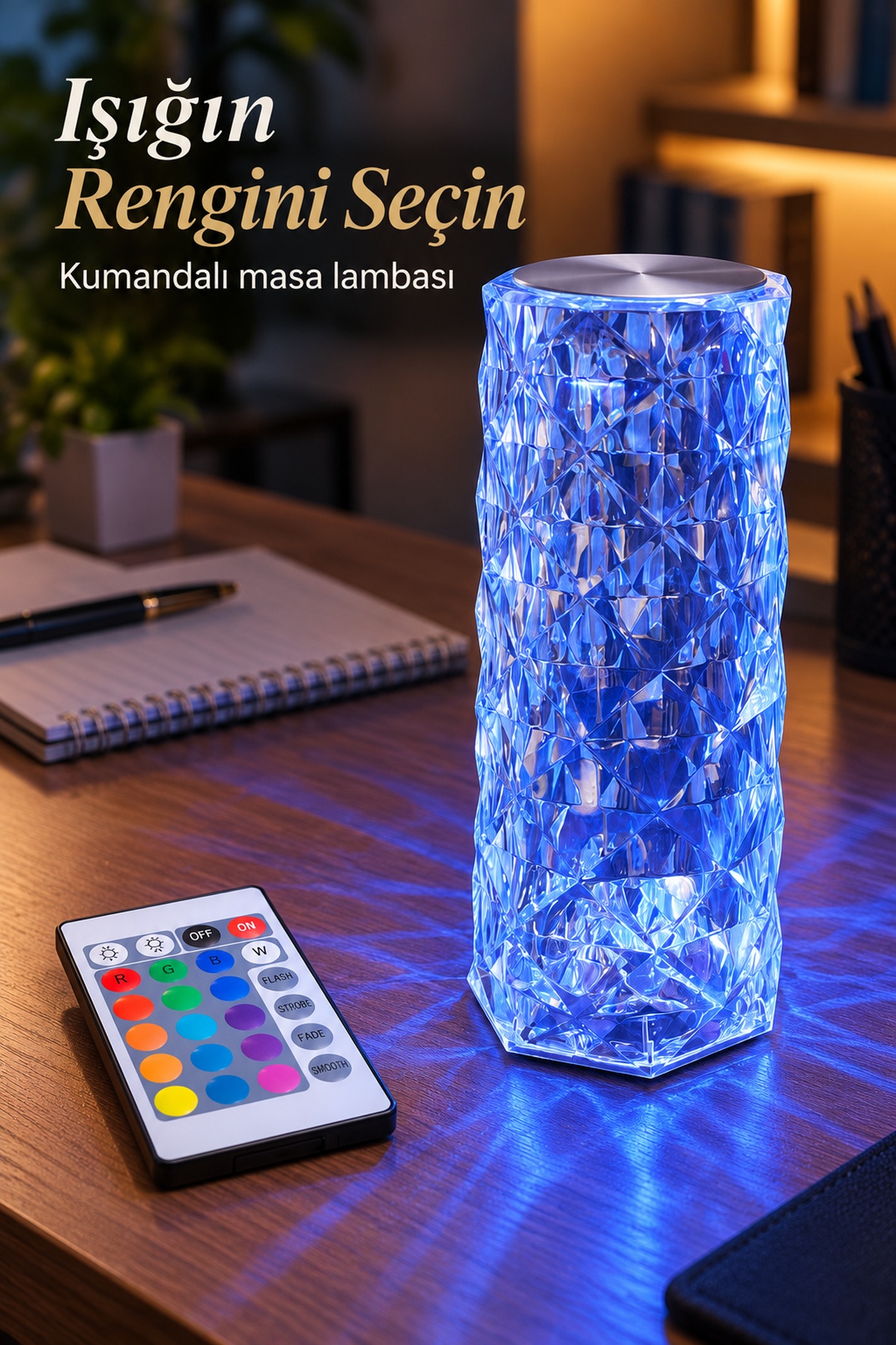 Kumandalı Masa Lambası Şeffaf Geometrik Desenli Gövde