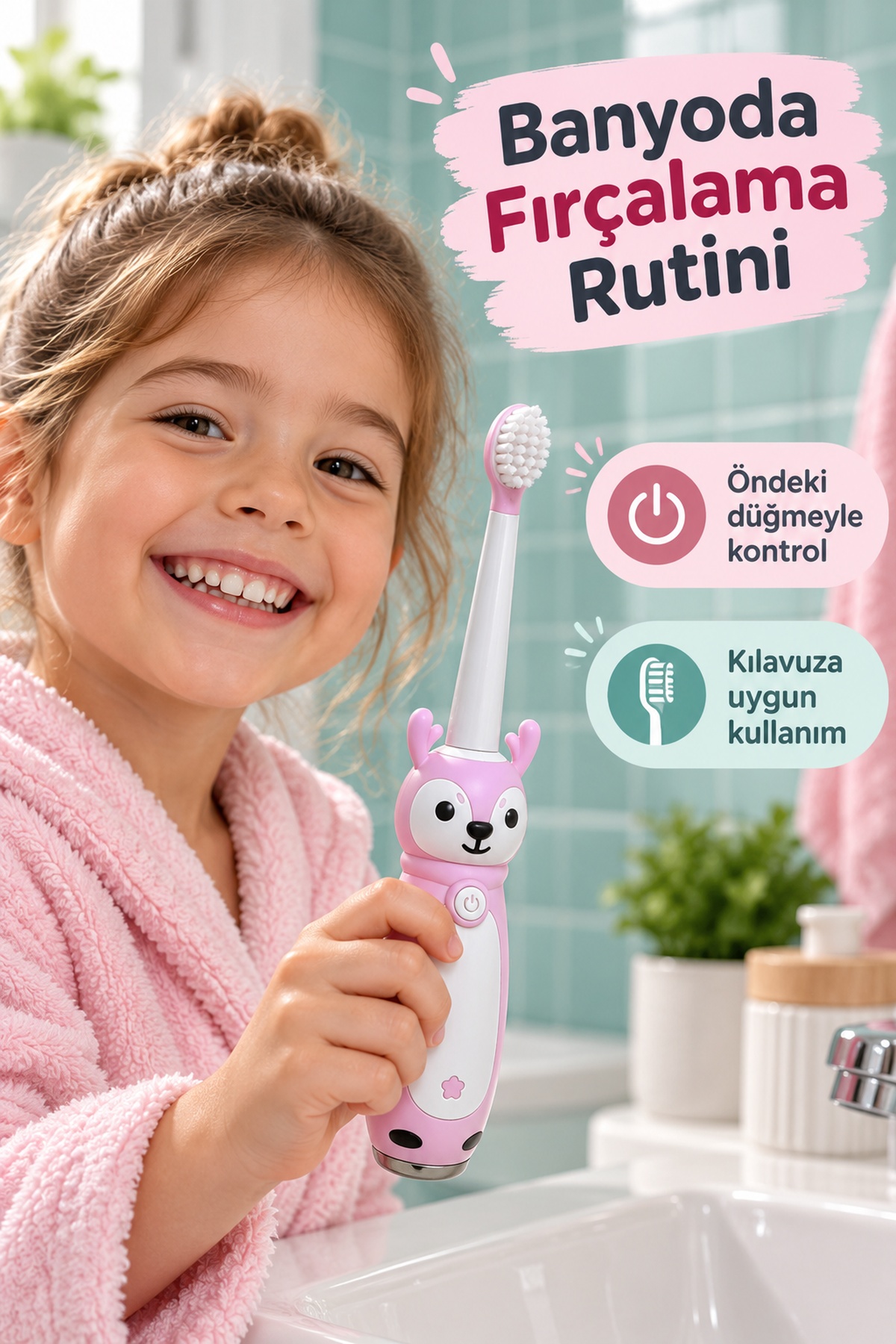 Elektrikli Diş Fırçası Pembe Figürlü Değiştirilebilir Başlıklı