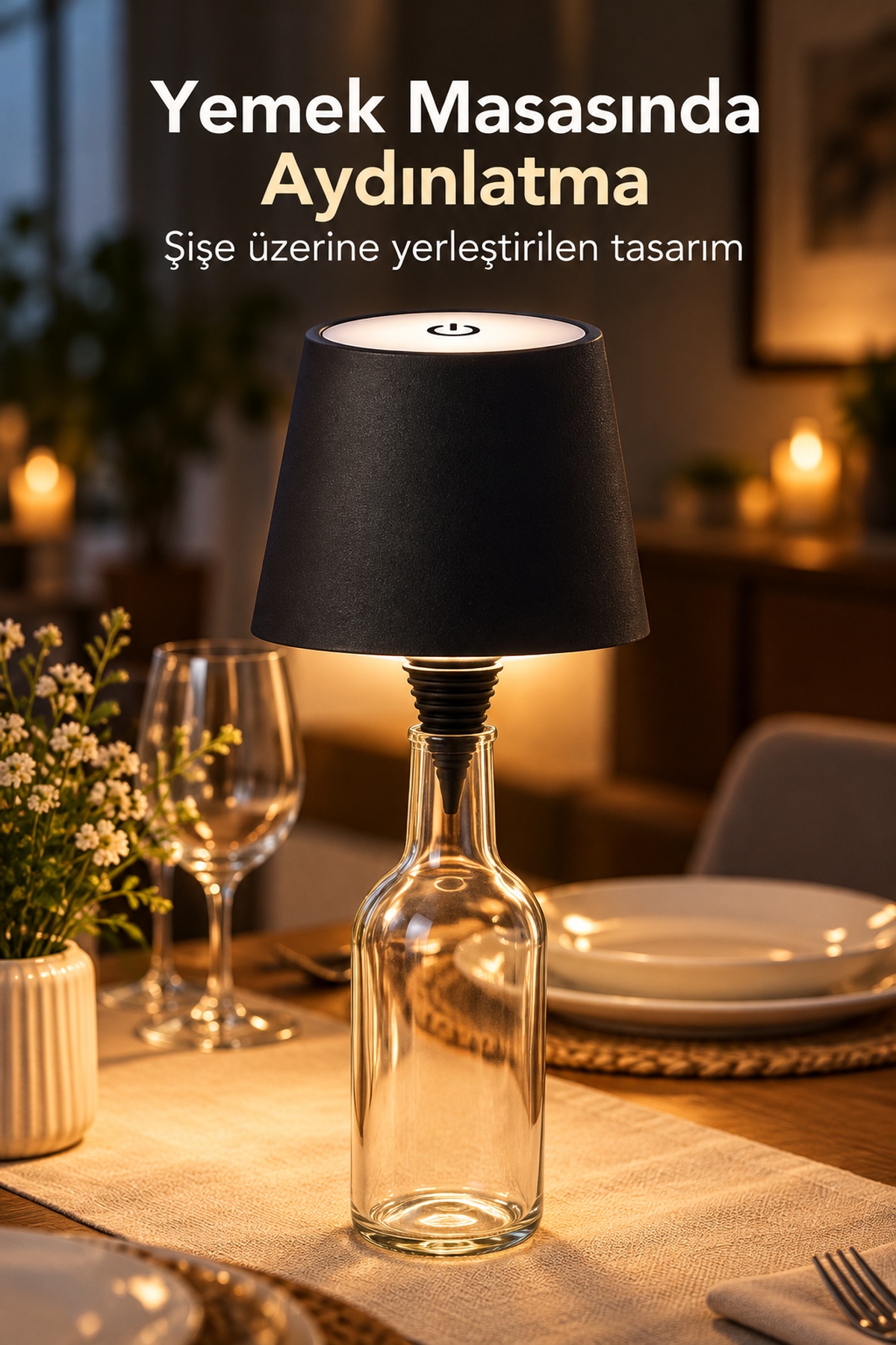 Modern Masa Lambası Şişe Üstü Siyah Abajur Başlığı