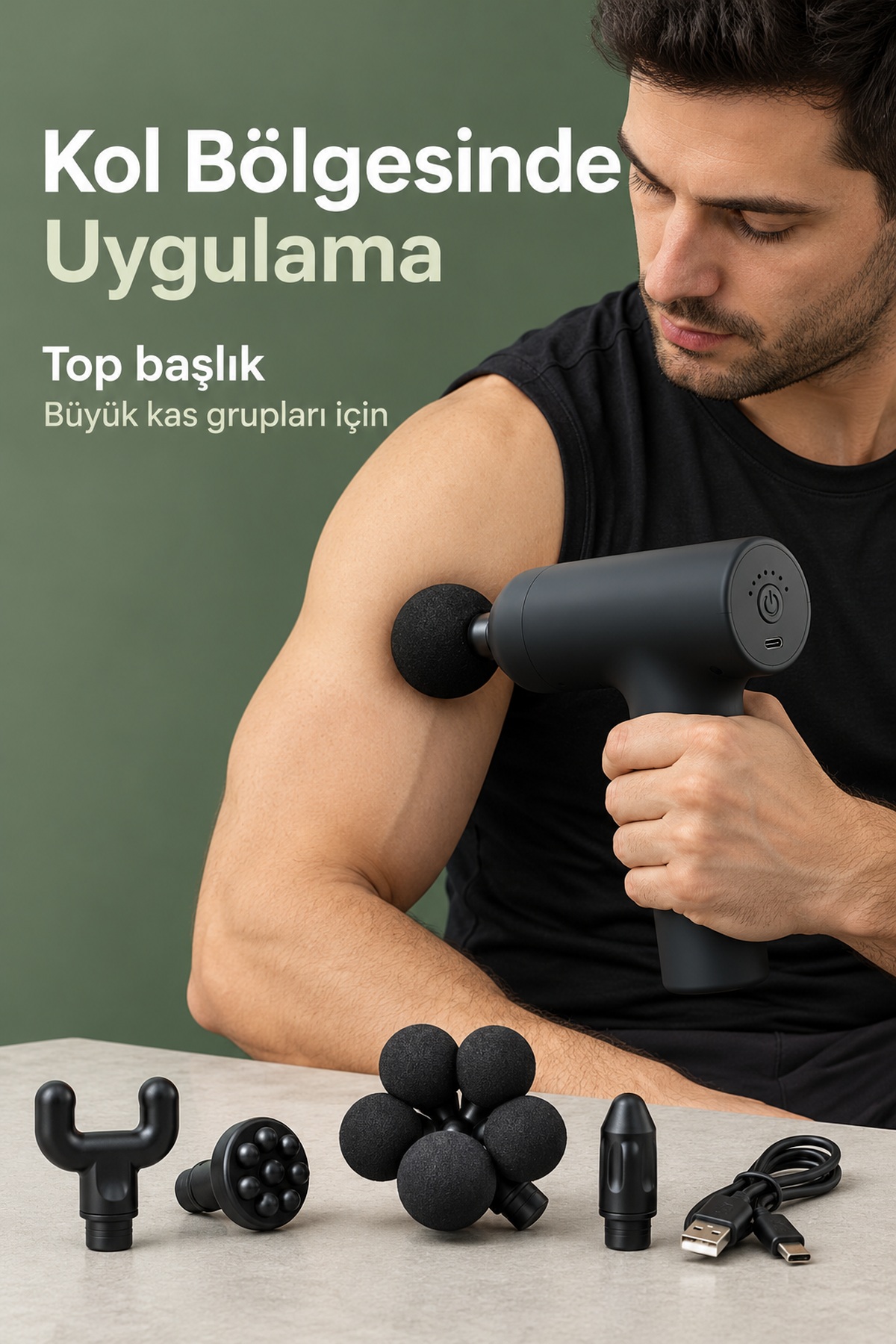 El Tipi Masaj Tabancası Top Başlıklı Siyah Gövde
