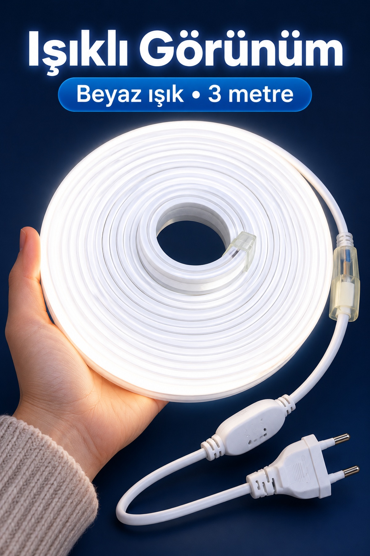 Beyaz Işıklı Şerit Aydınlatma 3 Metre Fişli Model