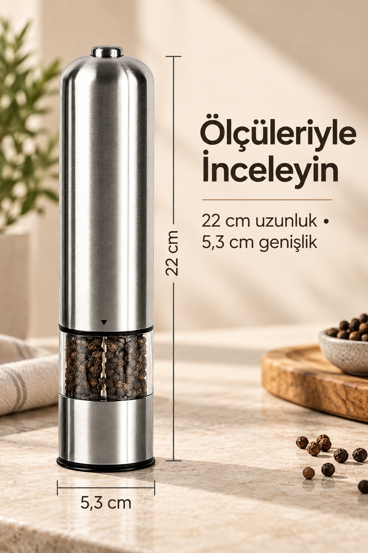Şeffaf Hazneli Tuz Karabiber Öğütücü Pilli Taşınabilir Mutfak Aleti