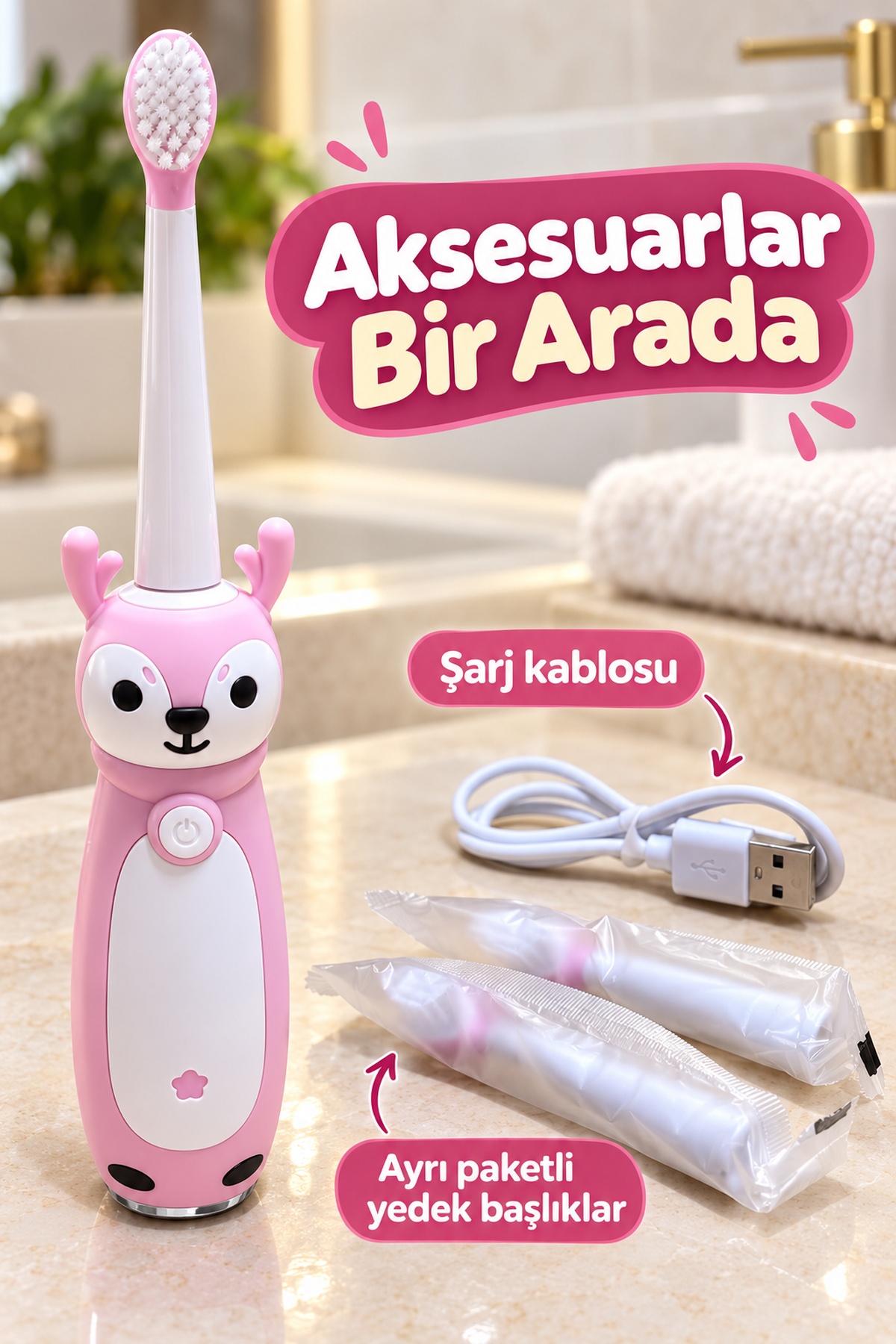 Elektrikli Diş Fırçası Pembe Figürlü Değiştirilebilir Başlıklı