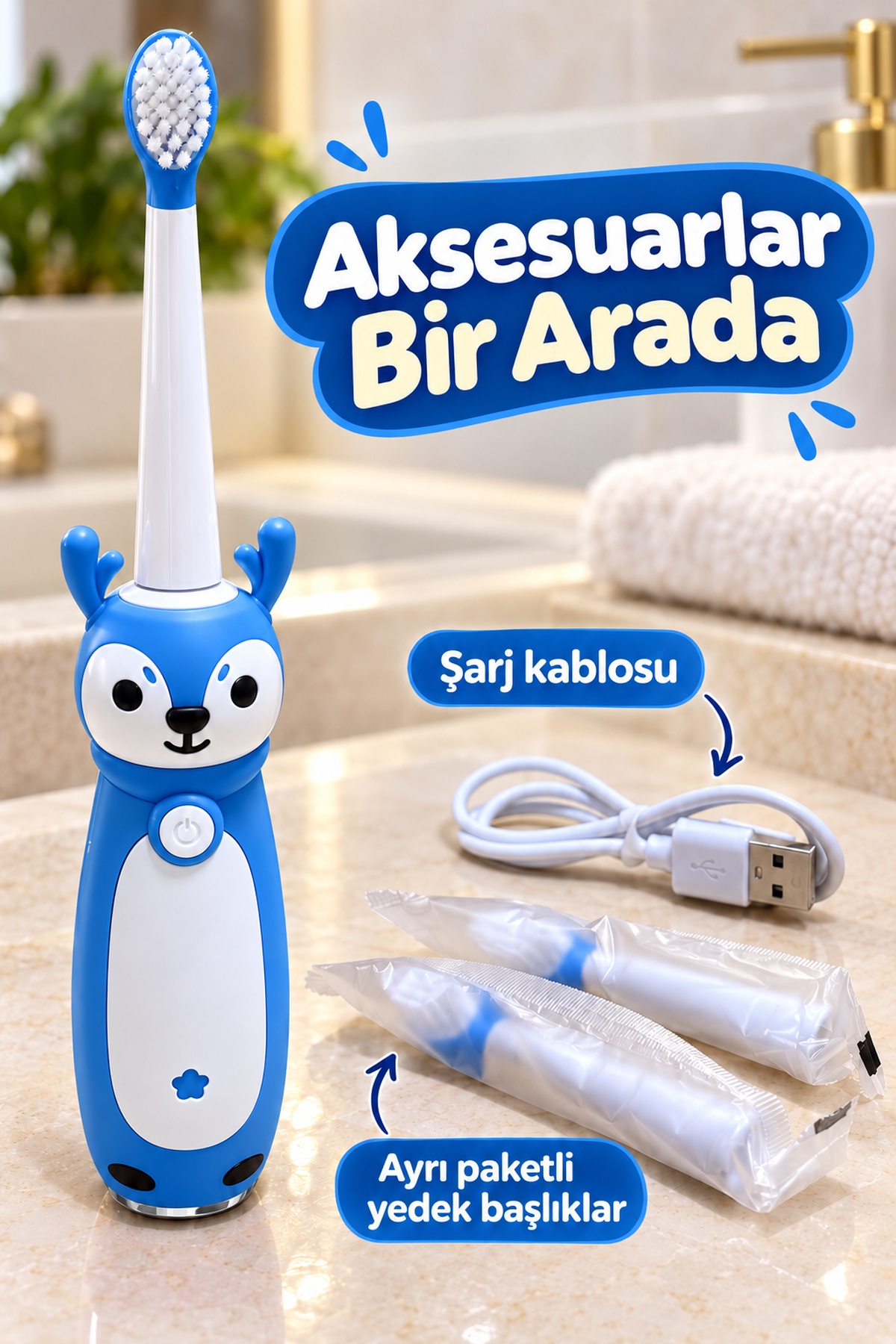 Şarjlı Çocuk Diş Fırçası Mavi Değiştirilebilir Başlıklı