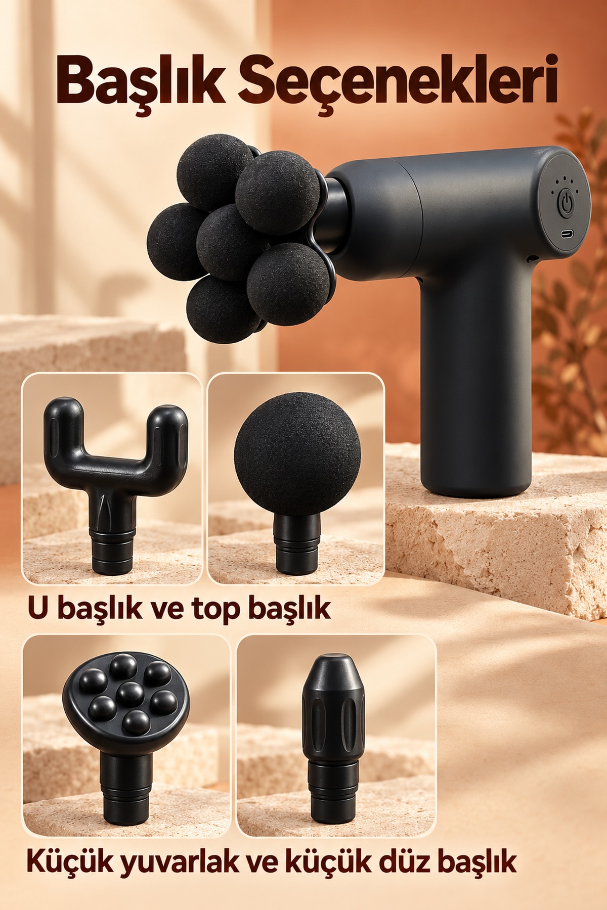El Tipi Masaj Tabancası Top Başlıklı Siyah Gövde