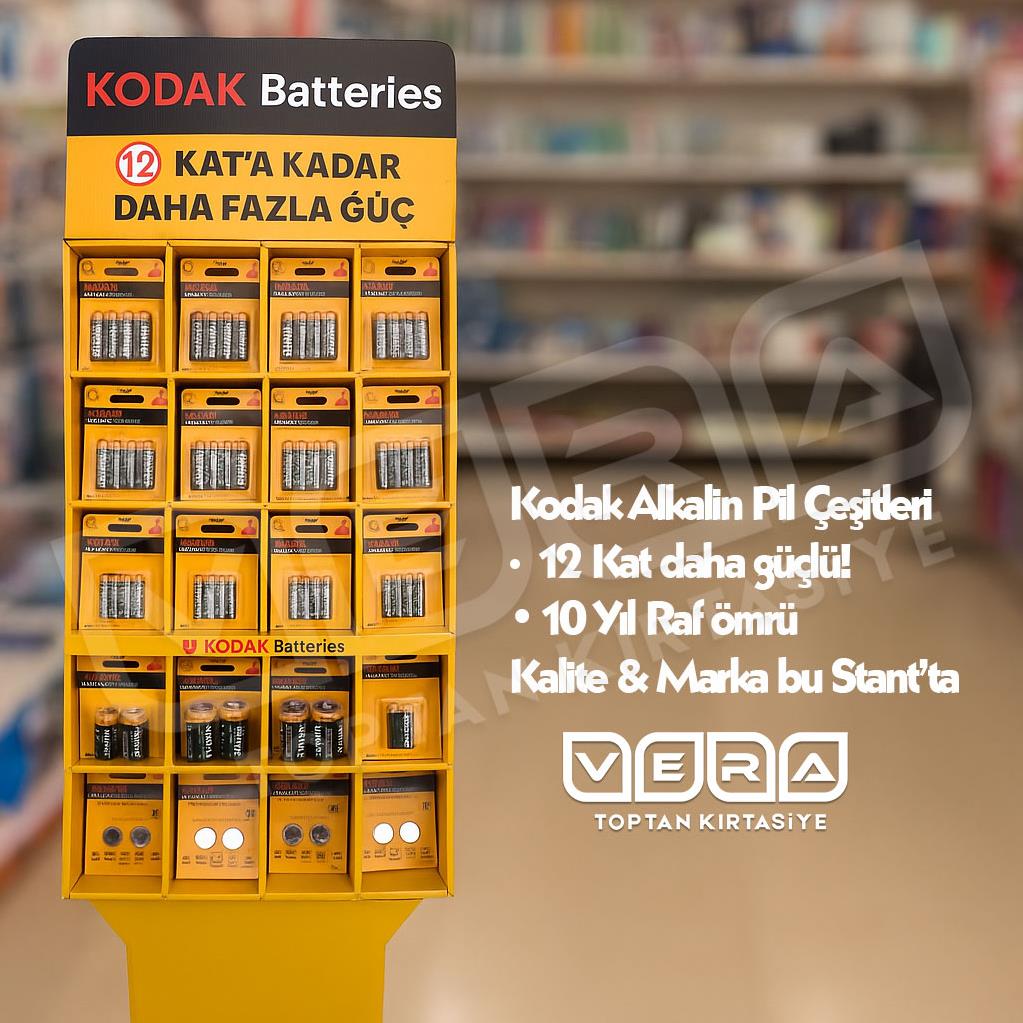 Kodak Alkalin Pil – 10 Yıl Raf Ömrü, 12× Güçlü, Stantlı Toptan Paket