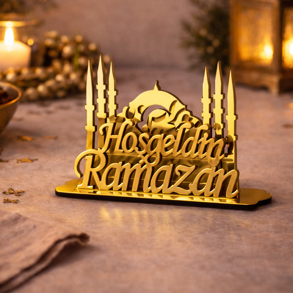 Hayırlı Ramazanlar Peçetelik Ahşap Üzeri Gold Pleksi ( Demonte )