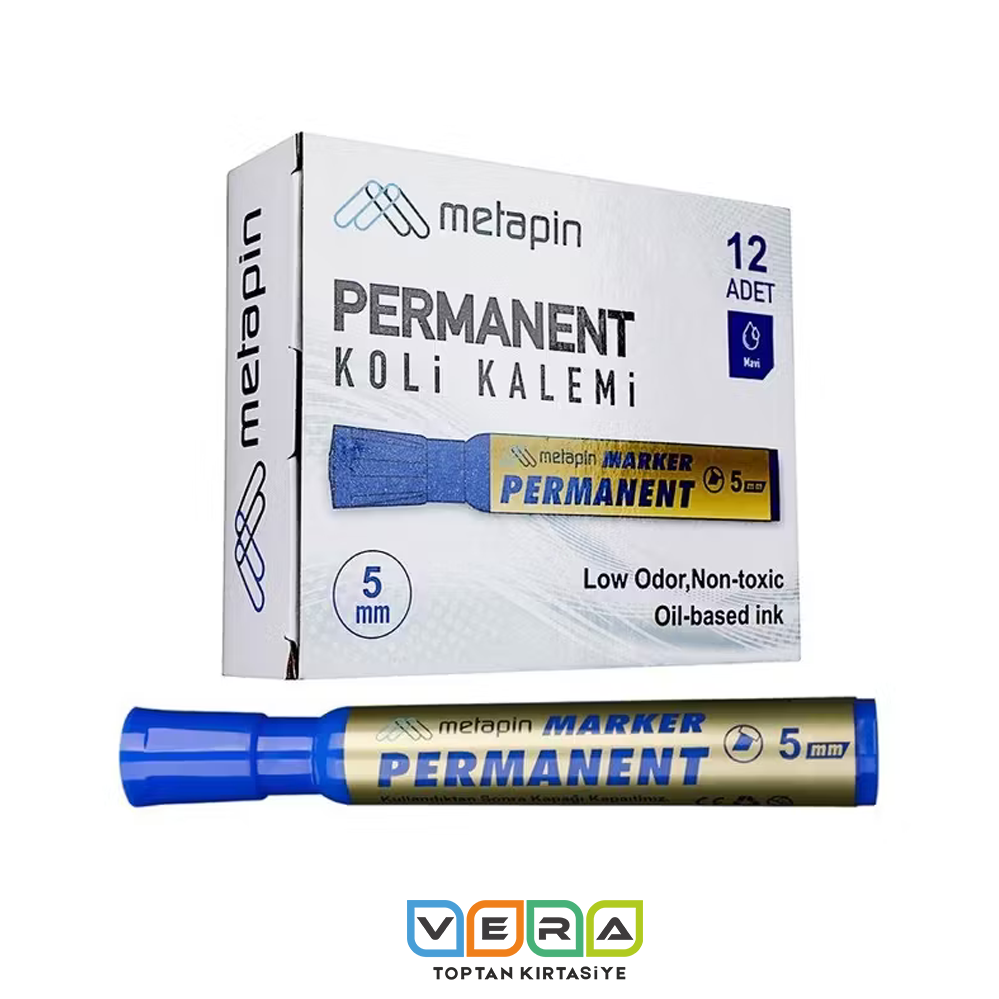Metapin 5 mm Mavi Kesik Uç Permanent Koli Kalemi 12 li Paket