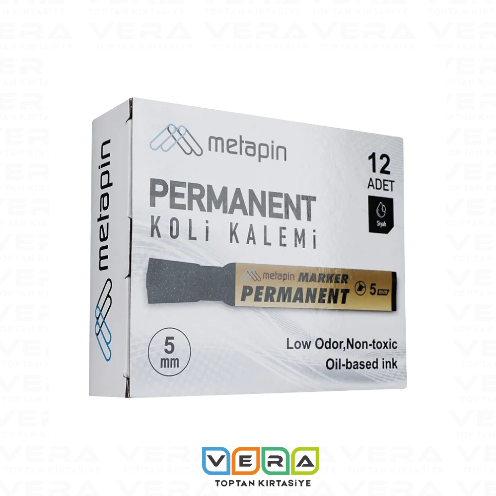 Metapin 5 mm Siyah Kesik Uç Permanent Koli Kalemi 12 li Paket