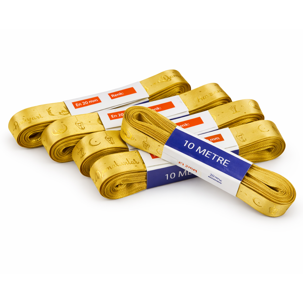 2cmx10metre Altın Yaldız Hayırlı Ramazanlar yazılı Metalik Gold Kurdela 5'li Paket