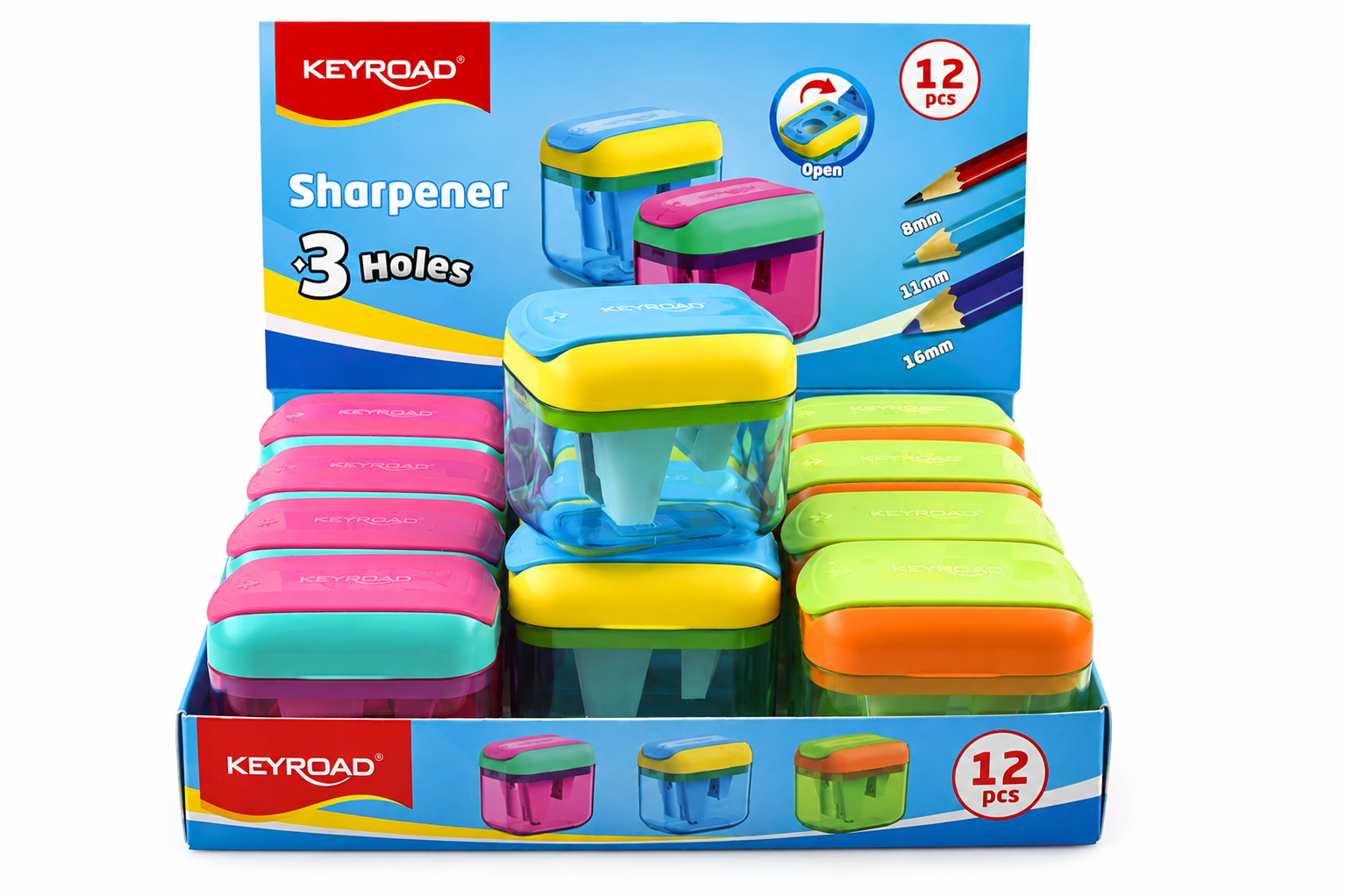 Keyroad Jumbo Üç Bıçaklı Hazneli Neon Kalemtraş