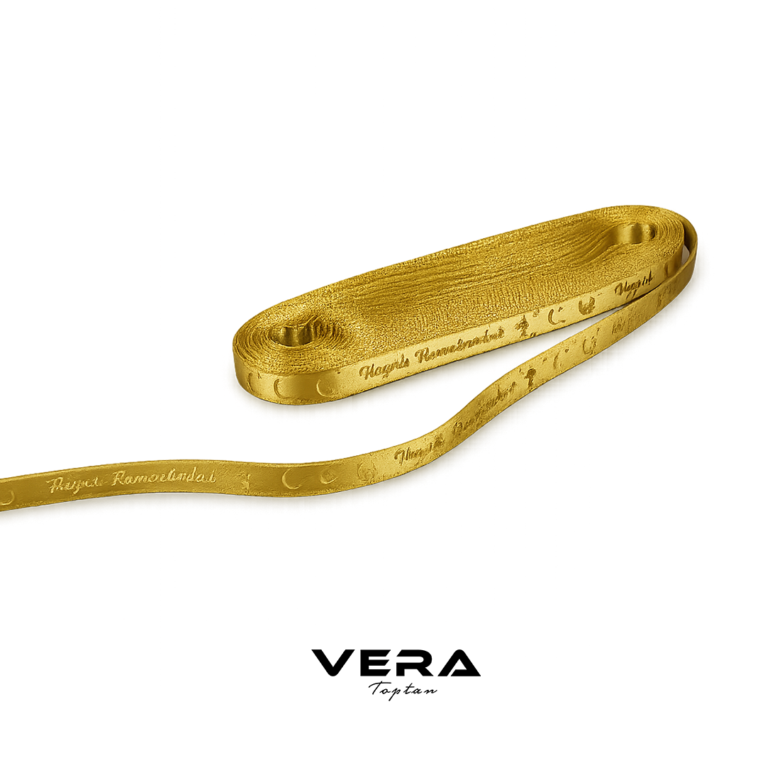 10'lu Paket 1cm 10 mt Altın Yaldız Hayırlı Ramazanlar yazılı Metalik Gold Kurdela
