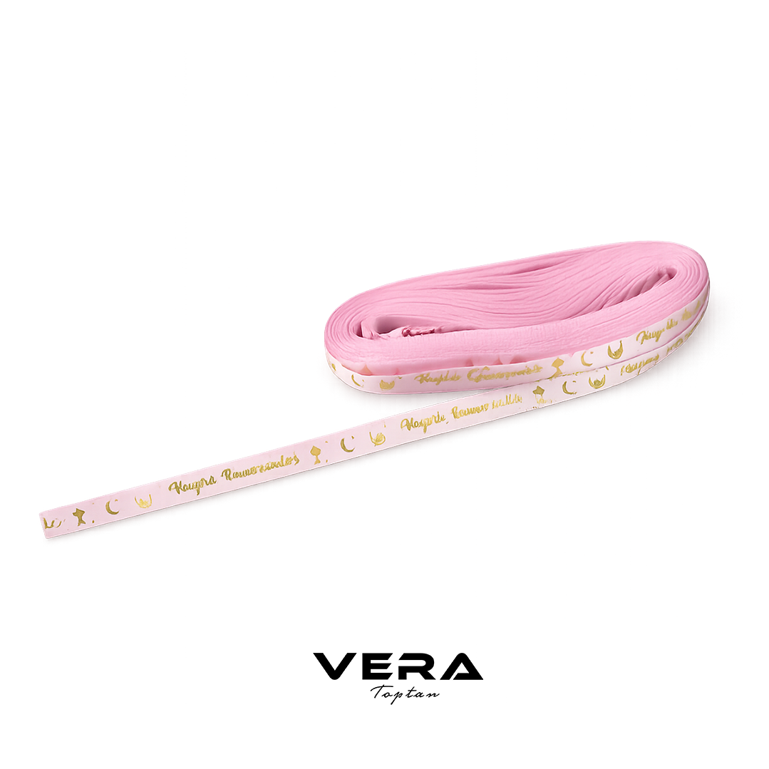 10'lu Paket 1cm 10 mt Altın Yaldız Hayırlı Ramazanlar yazılı Pembe Kurdela